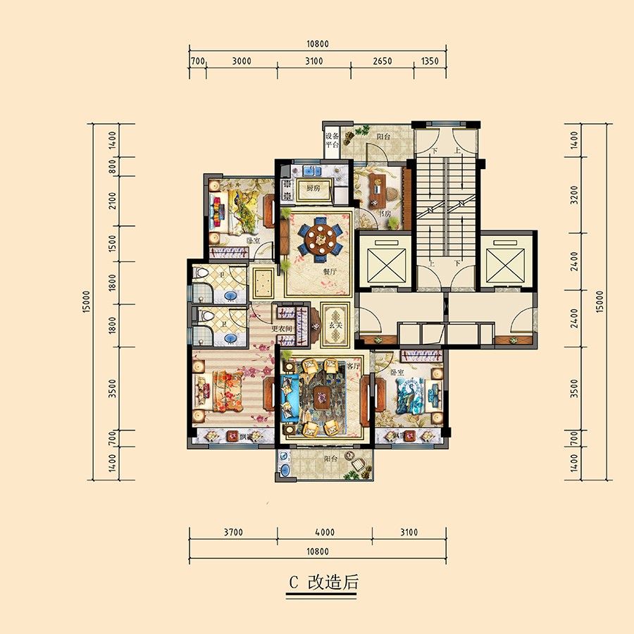 C戶型改造后 建筑面積:128平