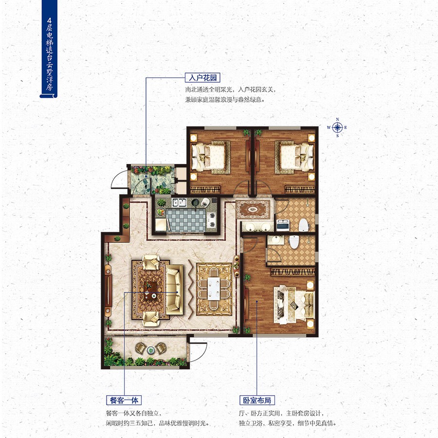 退臺洋房D戶型 建筑面積:約158㎡ 三室兩廳兩衛(wèi)