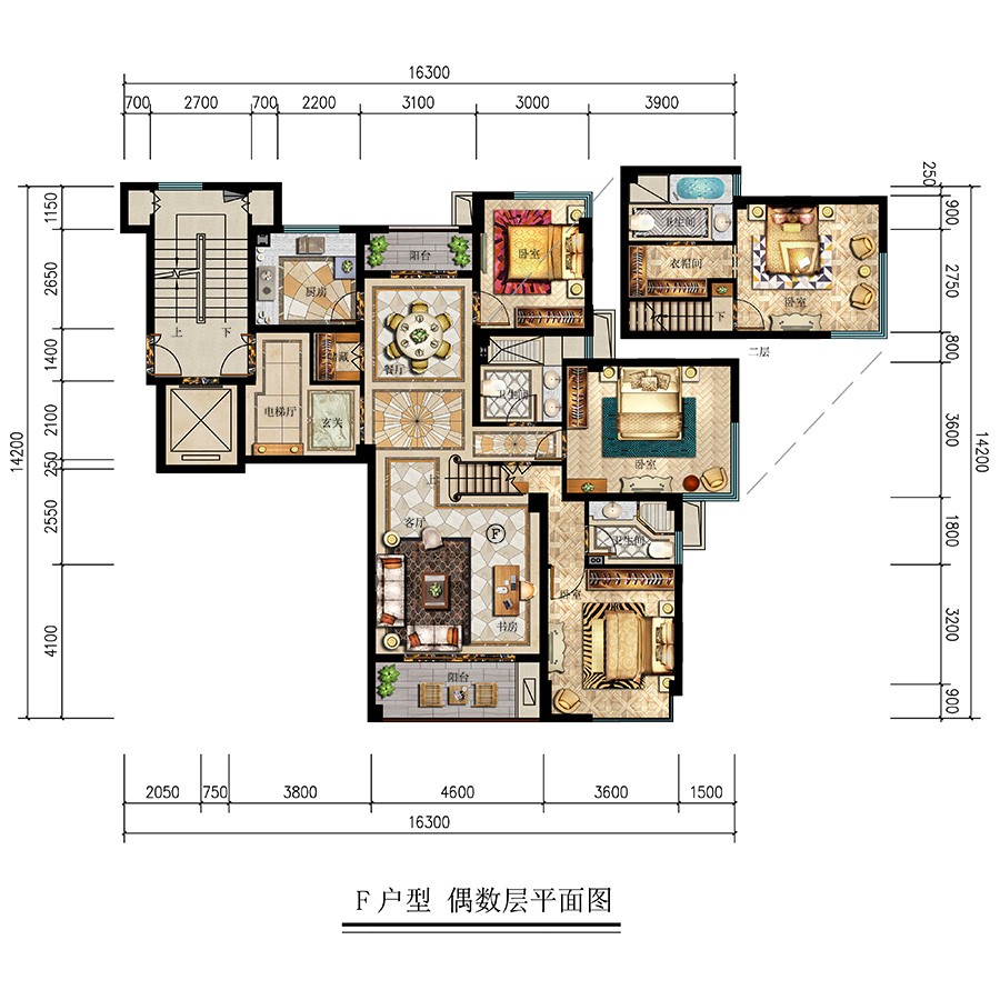 F戶型 偶數(shù)層平面圖 建筑面積: